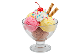 Ice cream sundae with cherry and wafer sticks in glass bowl isolated on transparent background