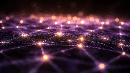 Obraz premium Glowing network nodes forming intricate connections across a dark, particle-filled plane