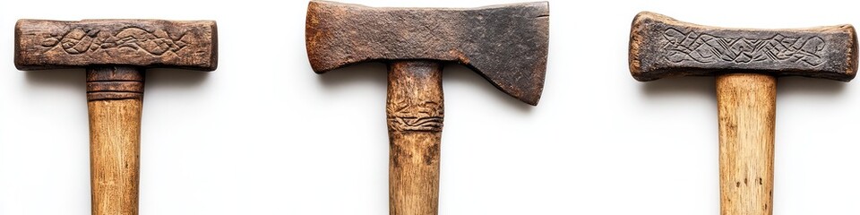 Three vintage axes with wood handles and aged metal heads