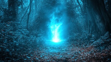 Obraz premium Enigmatic Blue Mist Illuminates a Forest Path Under Ethereal Moonlight in a Mysterious and Dreamlike Setting