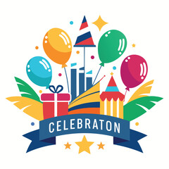 Naklejka premium Vector logo design featuring colorful balloons, gifts, and festive elements for an event planning company celebrating special occasions