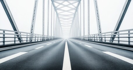 Foggy highway stretching across a long steel bridge