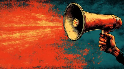 Hand holding megaphone, fiery message explodes