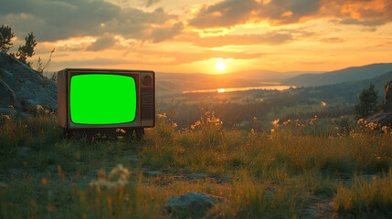tv in the grass with green screen