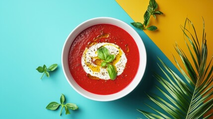 Bowl of creamy beetroot soup against a high-contrast geometric design backdrop