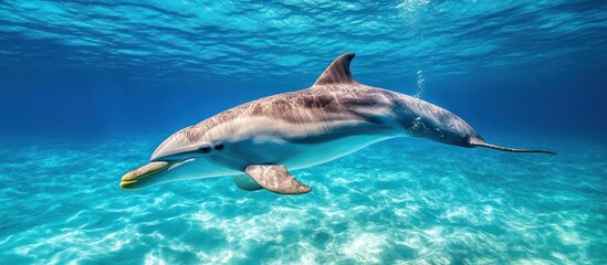 Obraz premium Dolphin swimming underwater, coral reef background, marine life, wildlife, photo
