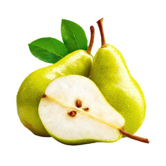 Fresh pears with leaves close up on transparent background