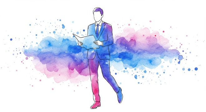 Abstract watercolor illustration of a businessman reading documents on the move