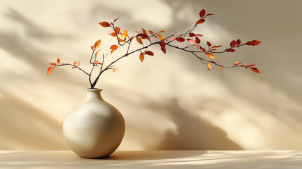 Elegant Nordic fall decor with a neutral ceramic vase and single autumn branch, warm minimalist style, clean peaceful composition.