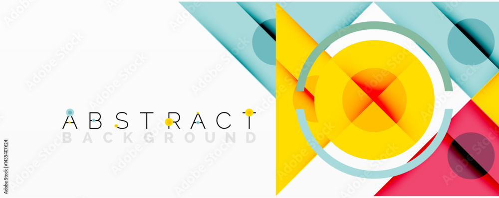 Poster geometric shapes overlap, creating vibrant abstract background. yellow dominates with blue, red acce