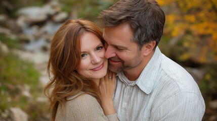Playful couple moment outdoors, man kissing woman’s cheek, joyful expressions, perfect for love, lifestyle, and relationship themes