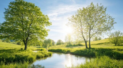 Obraz premium A serene landscape of a small stream, lush green grass, and trees under a bright blue sky.