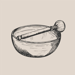 Singing bowl for meditation, relaxation, sound therapy drawing illustration. Singing bowl with a drumstick, traditional Tibetan instrument sketch engraving style vector. Hand drawn line art clipart