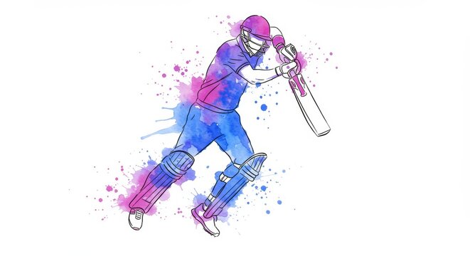Watercolor depiction of a cricket batsman in mid-swing with vibrant washes