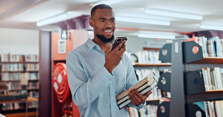 Man, phone and books with recording at library with voice notes, contact or happy with studying at college. African person, university student and smile for memo, reminder or scholarship for learning