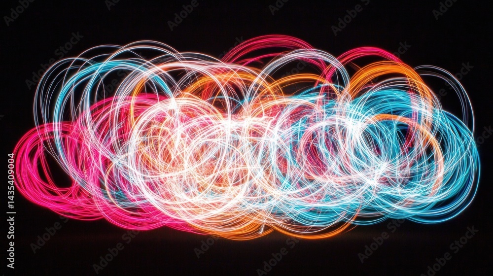 Poster a vibrant abstract composition of multicolored circles and lines against a black background.
