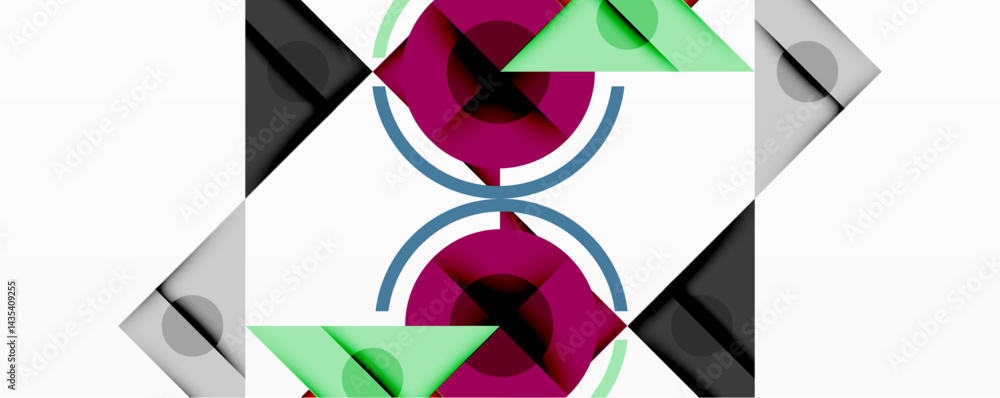Poster Abstract geometric pattern. Shapes overlap, creating symmetrical design. Colors include purple, green, gray, black. Minimalist style.