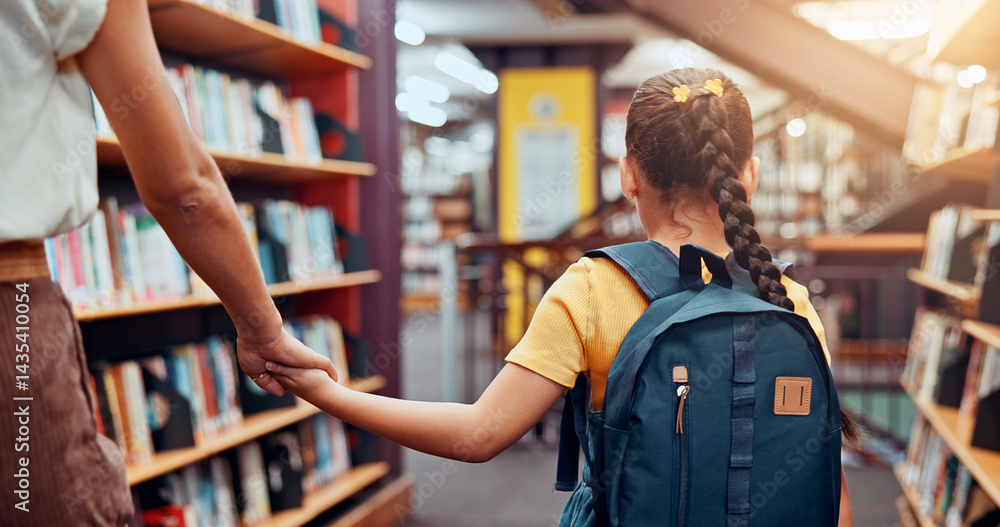 Poster education, tutor and child in library, holding hands and walking with student, bookshelf and back. k