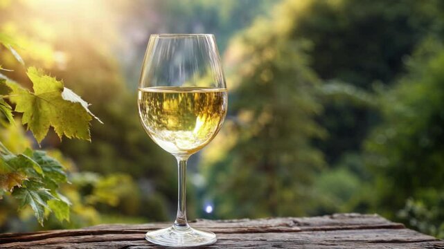 Glass of white wine is sitting on a wooden table in a beautiful outdoor setting. The glass is half full, and the wine is clear and golden. Concept of relaxation and enjoyment