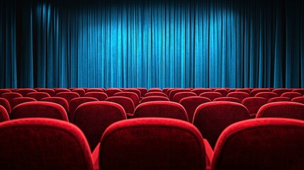 Fototapeta premium Red seats facing blue curtains on a stage