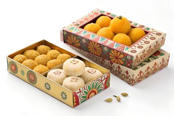 laddus and mithai boxes on white background.