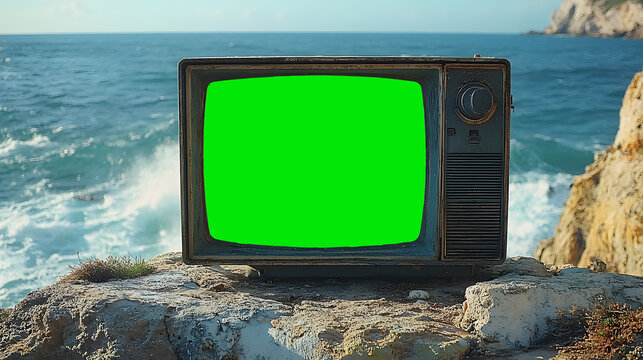 vintage tv on the beach, television with greenscreen