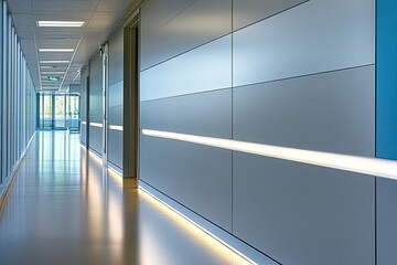 Fototapeta premium Modern, bright hallway with clean lines and light-toned walls Panelled walls, sleek floor, and recessed lighting create a spacious atmosphere Windows offer natural light