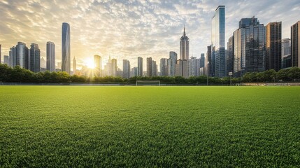 Fototapeta premium lush green field with modern city skyline at sunset