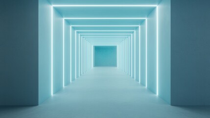 Fototapeta premium A long hallway with blue walls and light blue flooring.