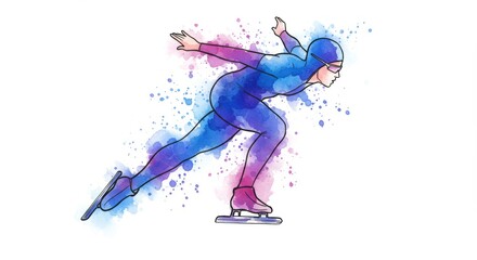 Watercolor Speed Skater Illustration with Dynamic Movement and Vibrant Hues