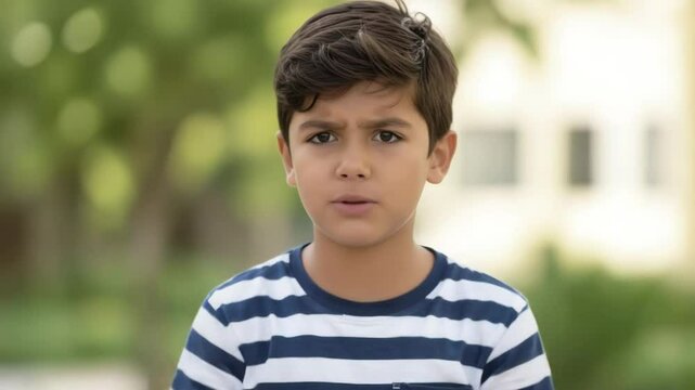 Serious young boy speaking with hand gestures in striped shirt outdoors

