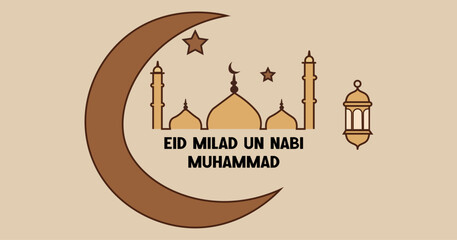 Eid Milad un Nabi mosque illustration with crescent moon, Islamic lantern, and stars