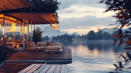 Serene riverside deck of a modern, wooden house at twilight.