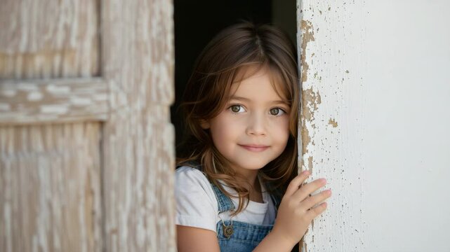 Shy young girl smiling while peeking from behind old door

