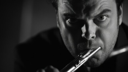 Man Playing a Flute With Intense Eyes and Expression