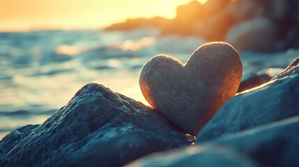 Fototapeta premium A heart shaped stone rests gently on coastal rocks at sunset