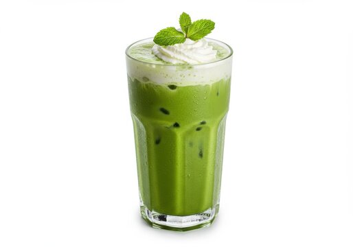 Refreshing iced matcha latte with cream and mint recipe drink idea