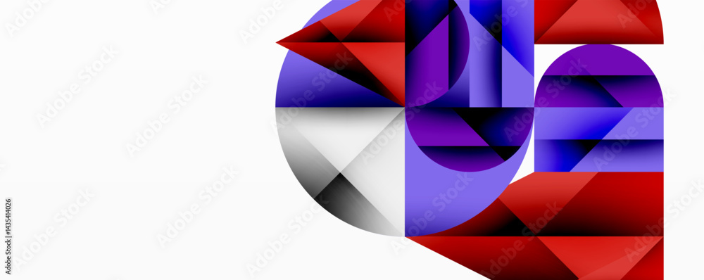 Poster Abstract geometric composition. Red, purple, white shapes intersect creating dynamic visual effect. Modern design elements present.