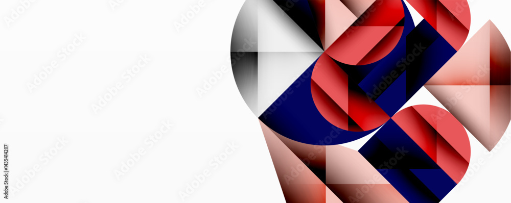 Poster abstract geometric composition. shapes overlap, creating dynamic visual interest. red, navy, pink, g