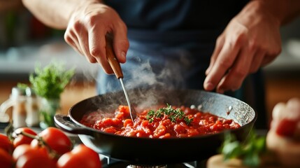A person stirring a tomato sauce in a skillet, surrounded by fresh ingredients.