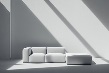 Modern minimalist living room with white couch and ottoman, bathed in sunlight  Sunlight casts long shadows across the room