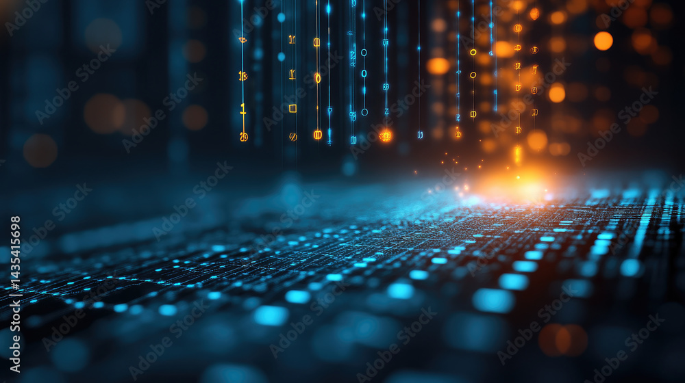 Poster visualizing digital stock market trends floating virtual graphs on a dark background for innovative 
