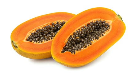 Slices of Fresh Papaya Showing Seeds on White Background
