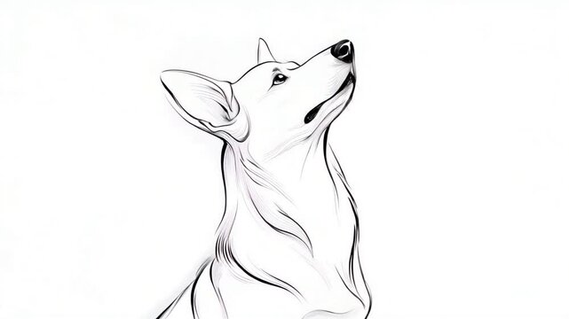 Dog is sitting on the ground and looking up. The dog is looking at something in the distance
