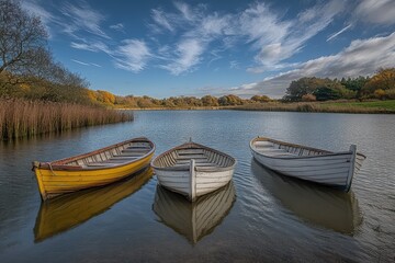 Fototapeta premium Three small boats on a lake with a blue sky
