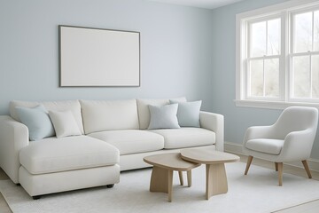 Frame mockup, ISO A paper size. Living room wall poster mockup. Interior mockup with house background. Modern interior design. 3D render