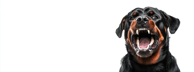 A Rottweiler dog with an open mouth, showcasing its teeth in a fierce expression.