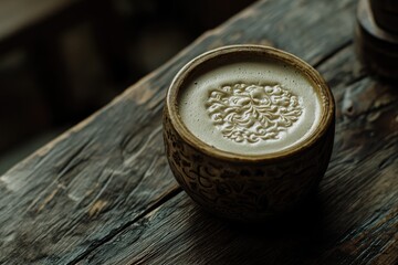 A warm, creamy beverage in a decorative, carved ceramic mug, with intricate designs on the surface  Atop the foam, a sculpted pattern resembling a face or ornate design is visible