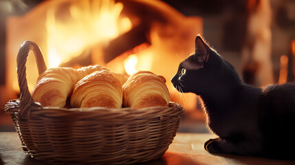 A Cozy Scene of a Cat Curiously Observing a Basket of Golden Croissants by the Warm Fireplace for Perfect Morning Indulgence