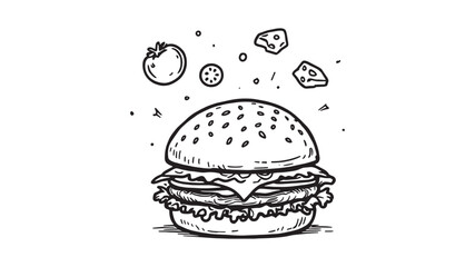 Burger with flying ingredients line art ideal for cafe menus
